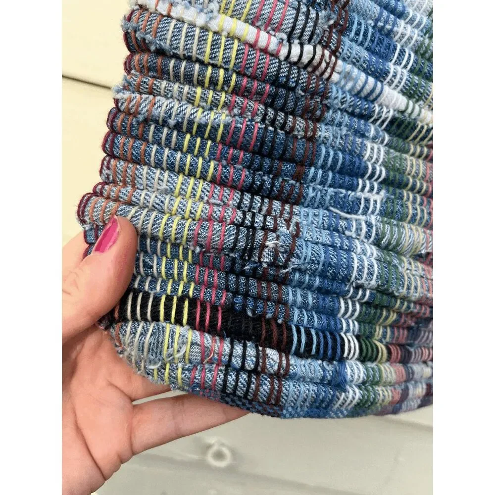 Handwoven Recycled Denim Tote Bag Boho Festival Market Upcycled Fringe Shoulder - Picture 4 of 11
